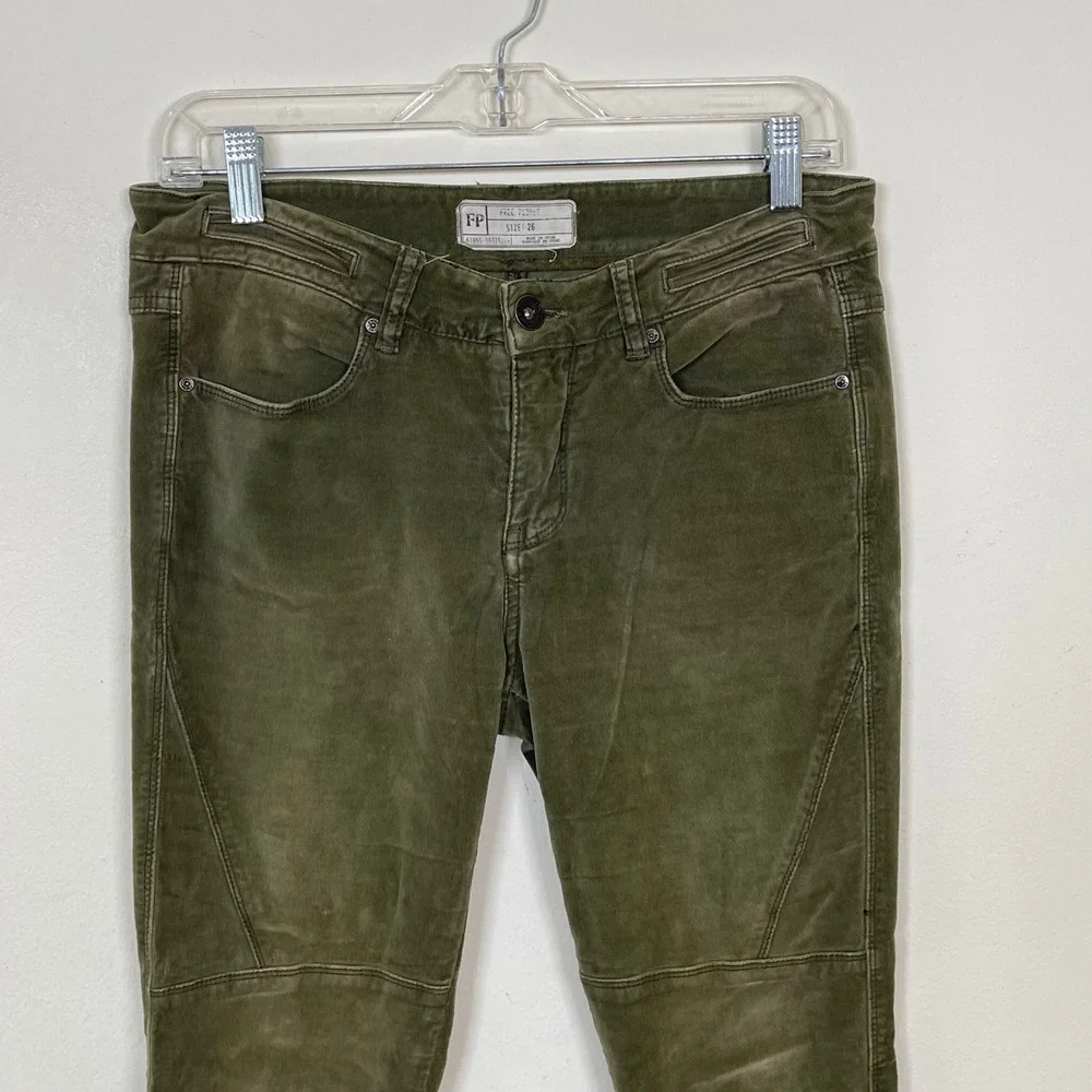 Free People Moto Corduroy Skinny‎ Pants Womens 26 Olive Green Ankle Zip Pocket